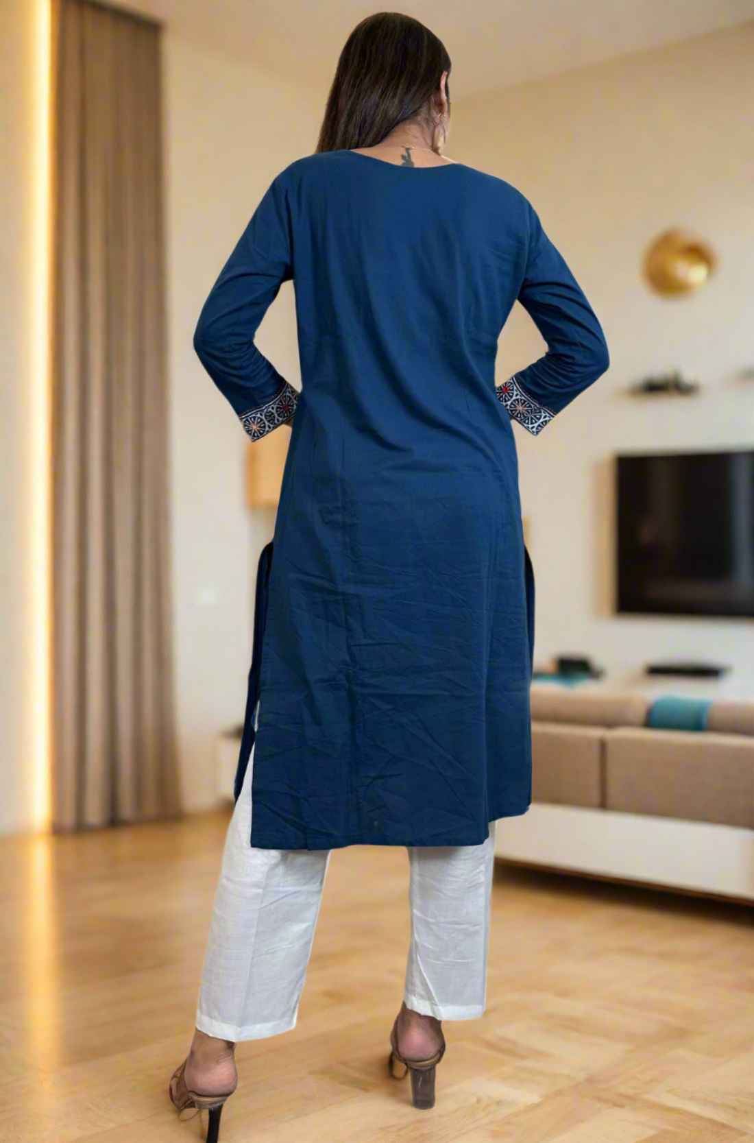 Back View Pure cotton Indigo hand block print mirror work straight kurta