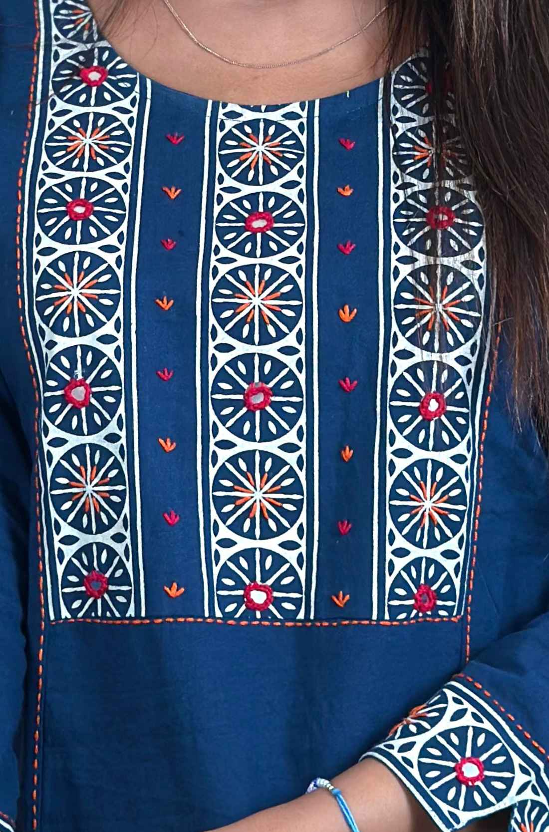 Close-up View Pure cotton Indigo hand block print mirror work Straight kurta.
