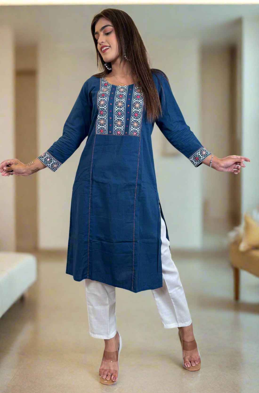 Front Full View Pure cotton Indigo hand block print mirror work straight kurta.