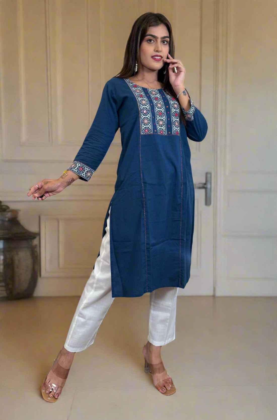 Pose Front View Pure cotton Indigo hand block print mirror work straight kurta.