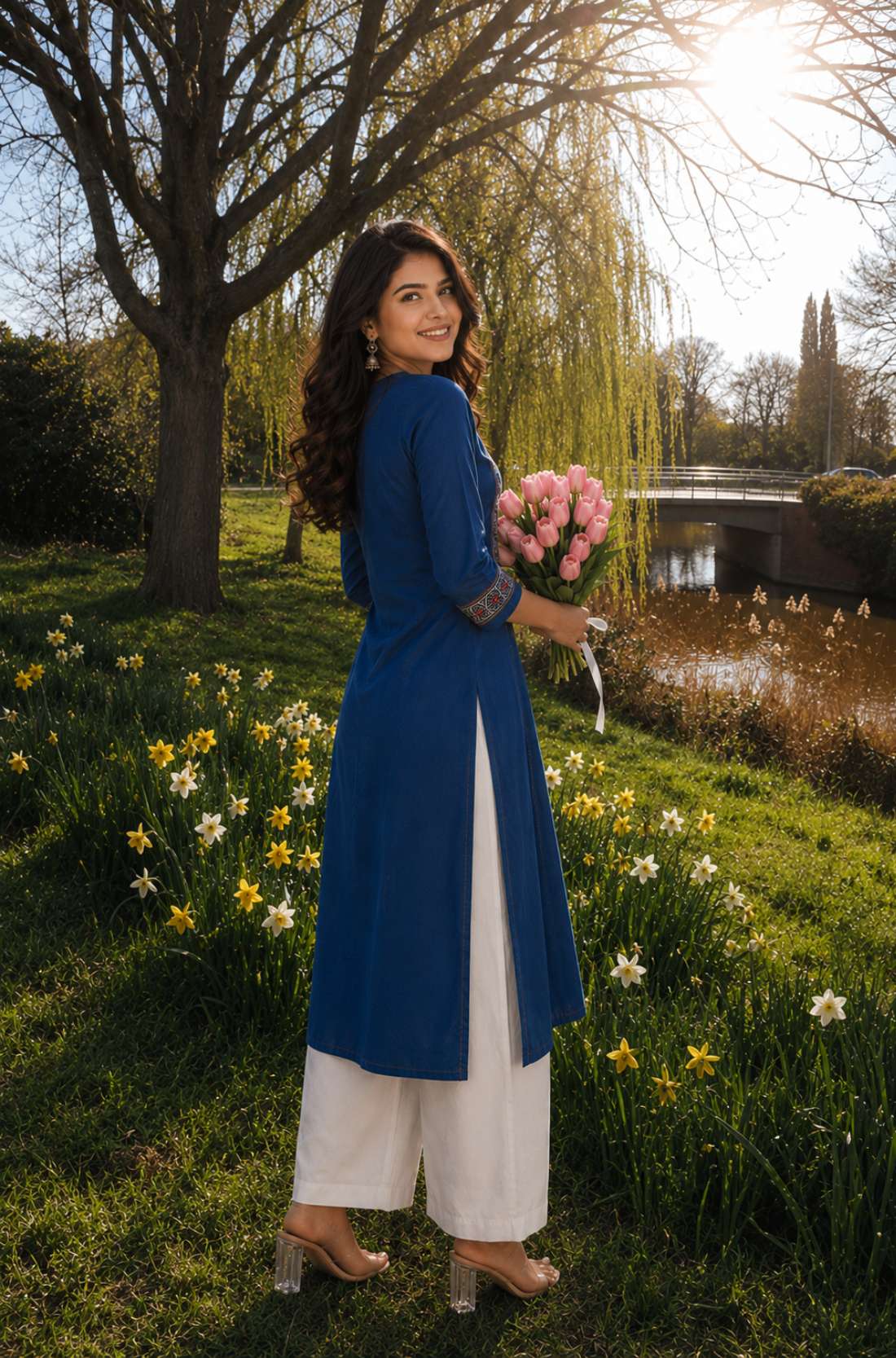 Rear side profile of an indigo cotton hand block print kurta featuring a calf-length silhouette and side slits.