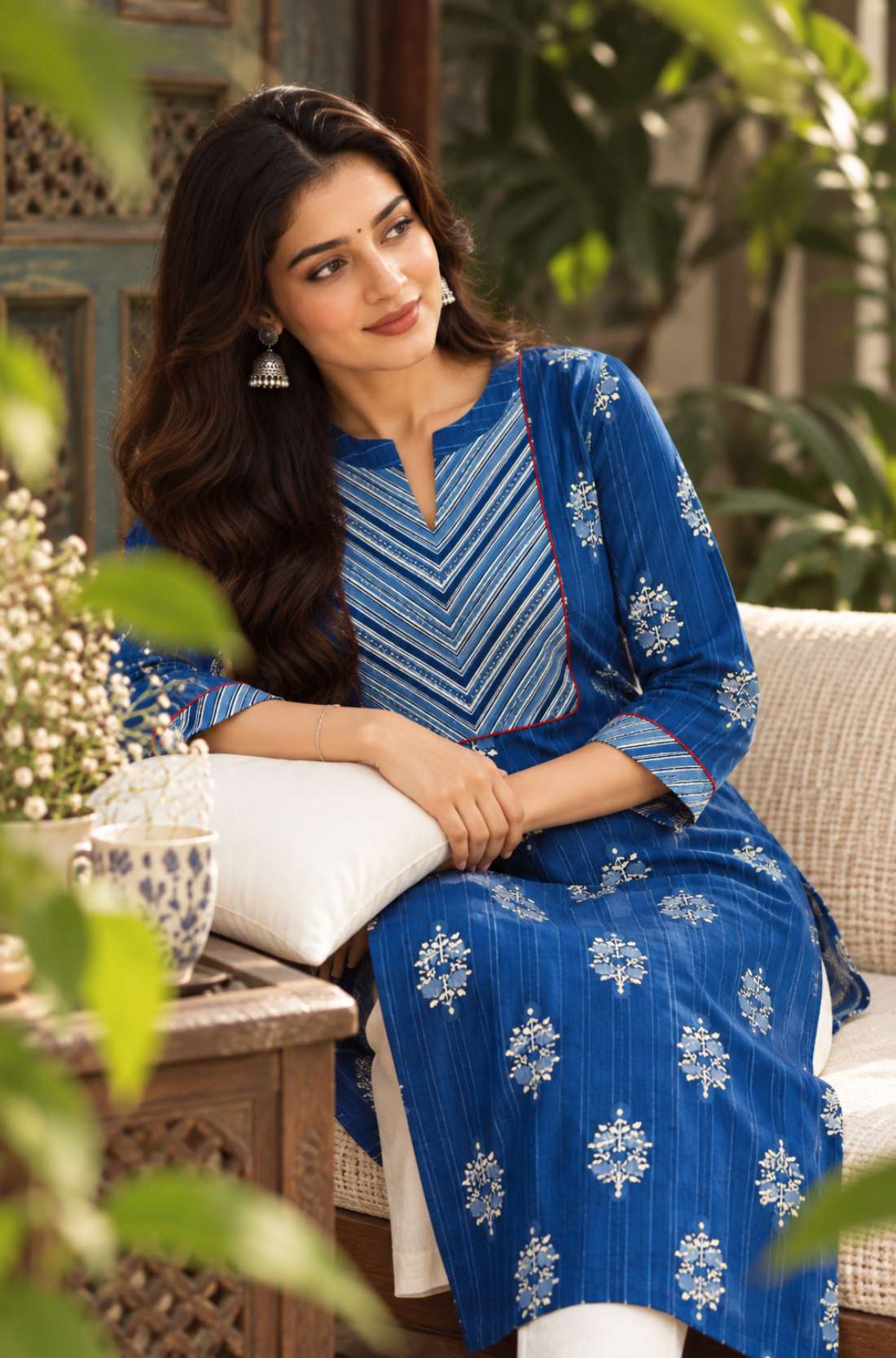Sitting pose of the round neckline with contrast diagonal striped yoke, red piping, and white floral hand block print detailing on an indigo pure cotton kurta