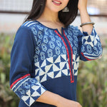 Indigo Cotton Kurti With Block printed Design – Close-up View