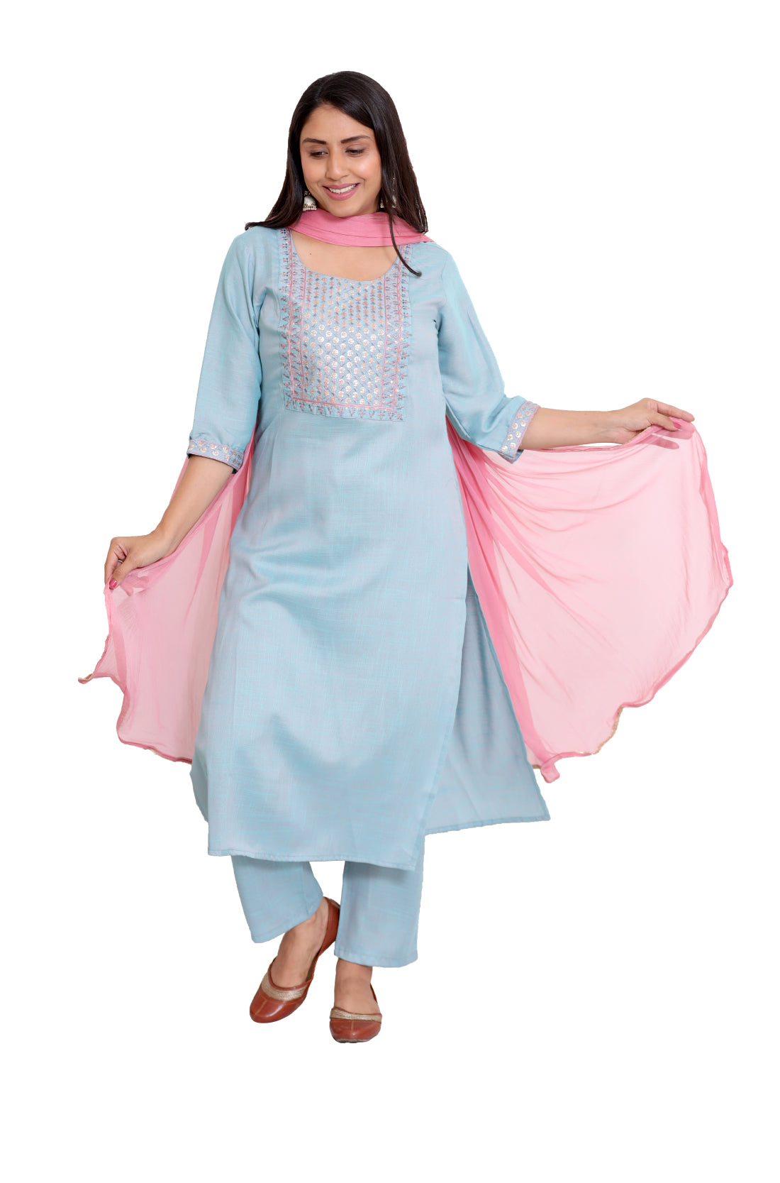 Sky Blue Embroidered straight Kurta, pant and Dupatta set