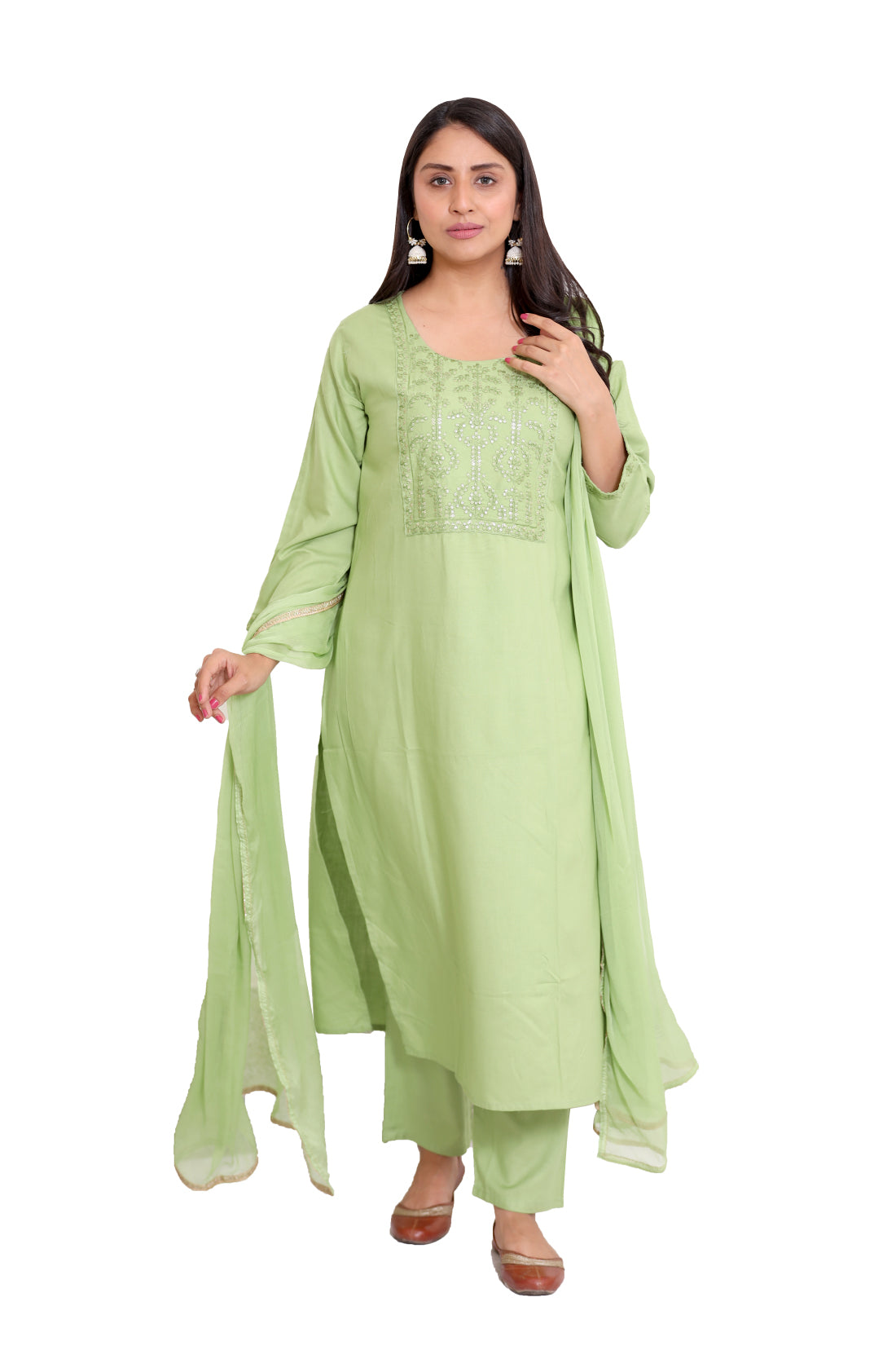 Light Green Embroderied straight Kurta, pant and Dupatta set