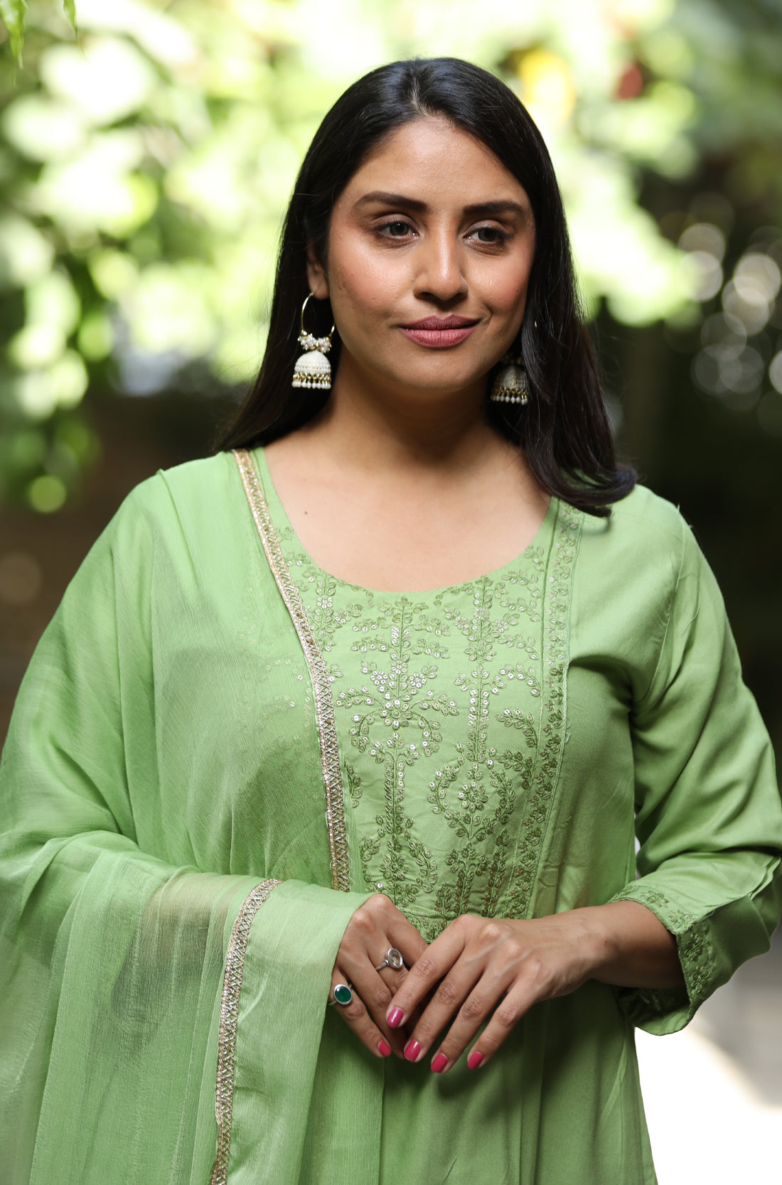 Light Green Embroderied straight Kurta, pant and Dupatta set