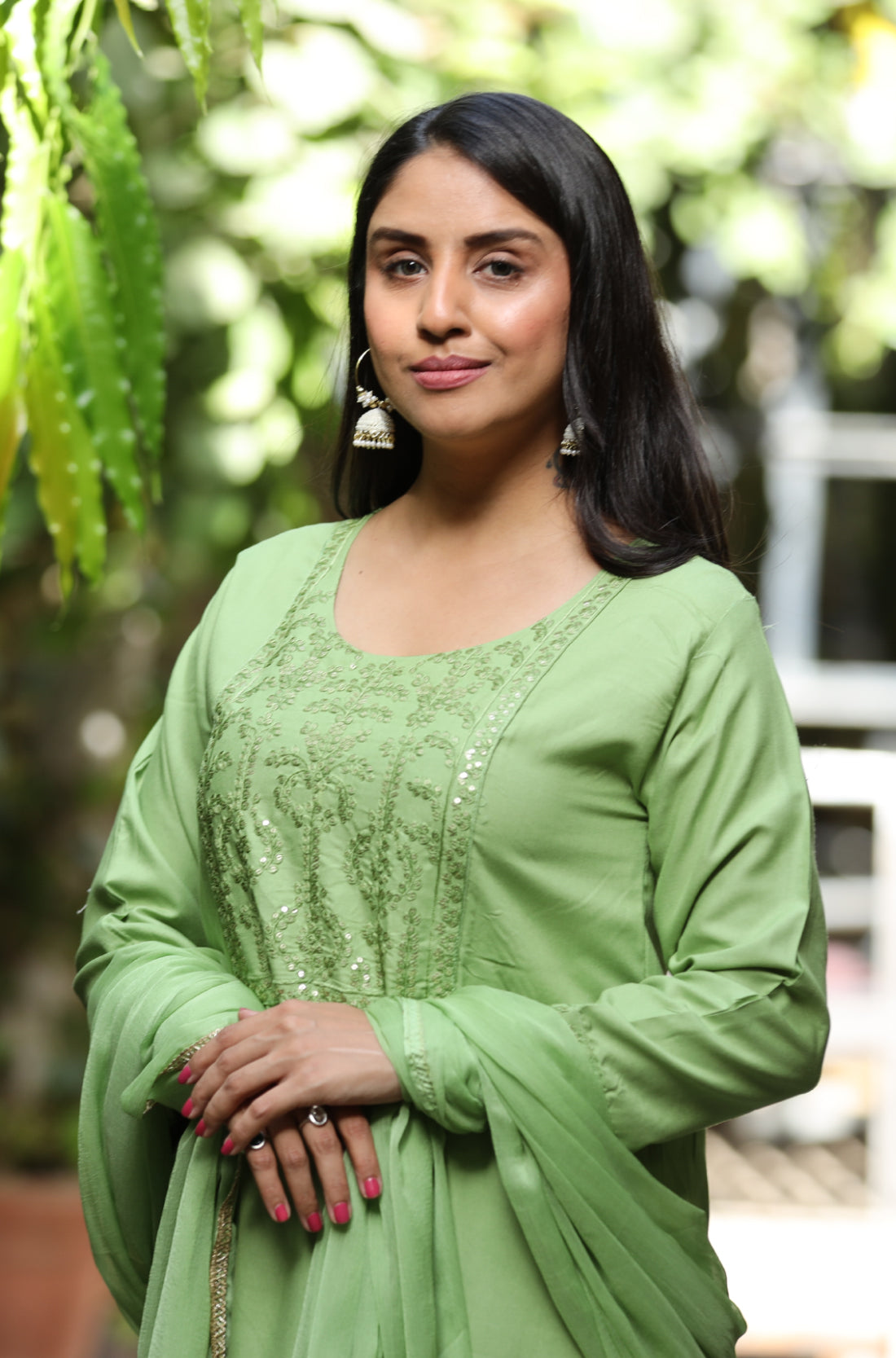 Light Green Embroderied straight Kurta, pant and Dupatta set