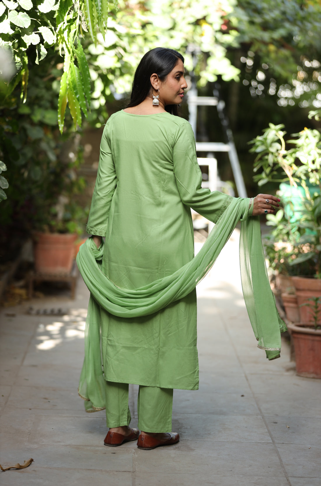 Light Green Embroderied straight Kurta, pant and Dupatta set