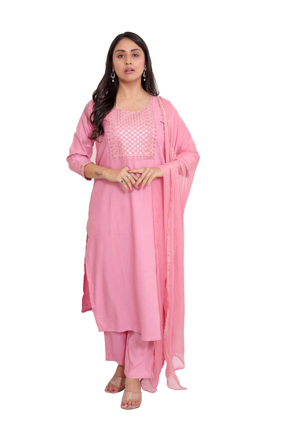 Light Pink Embrodered straight Kurta, pant and Dupatta set