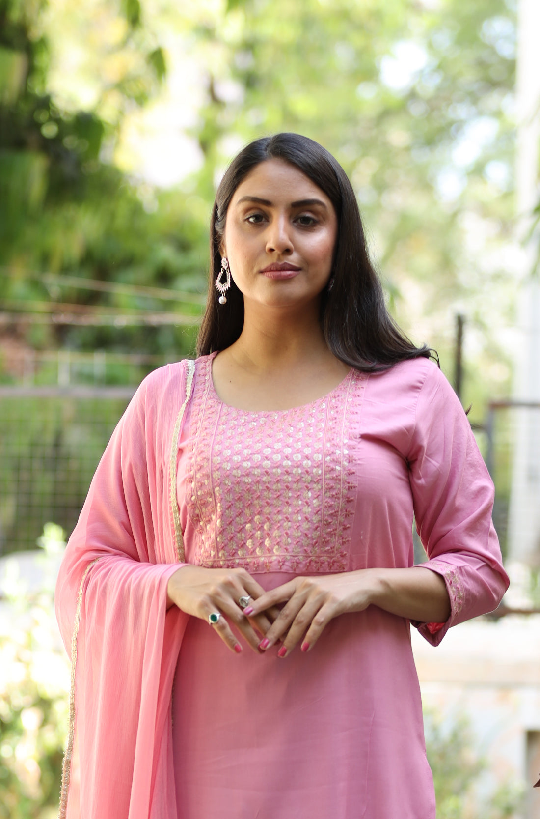 Light Pink Embrodered straight Kurta, pant and Dupatta set