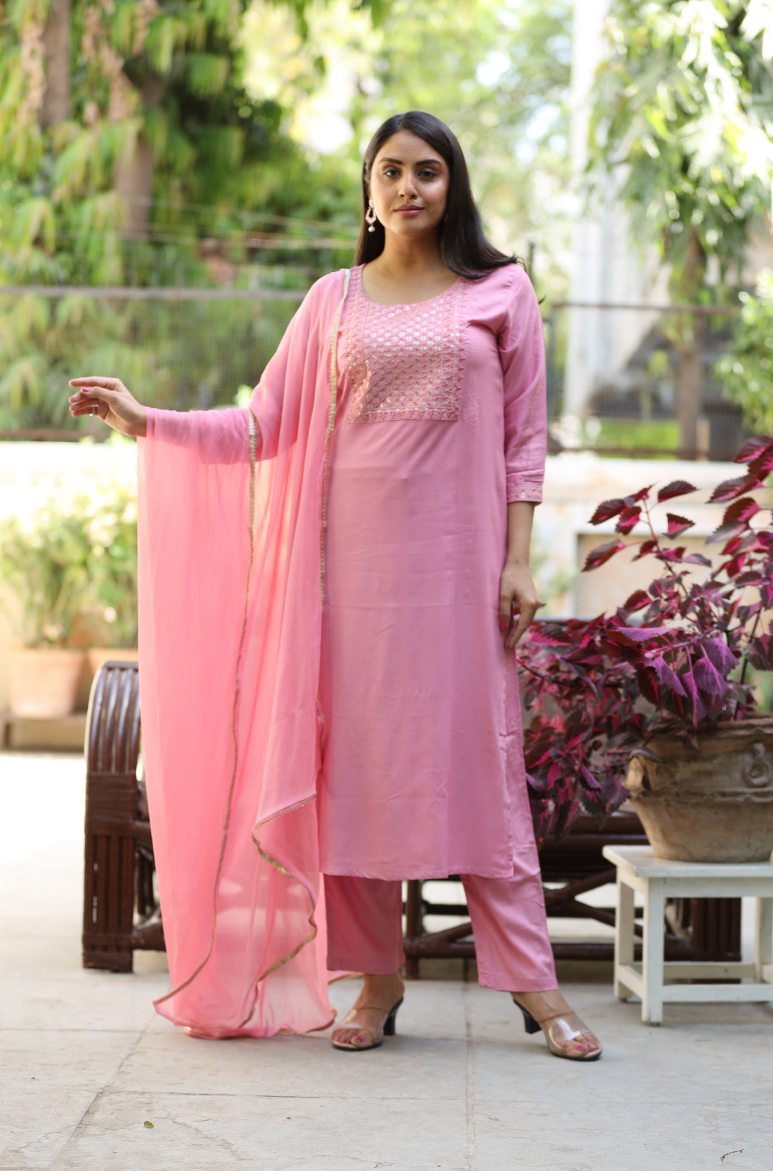 Light Pink Embrodered straight Kurta, pant and Dupatta set