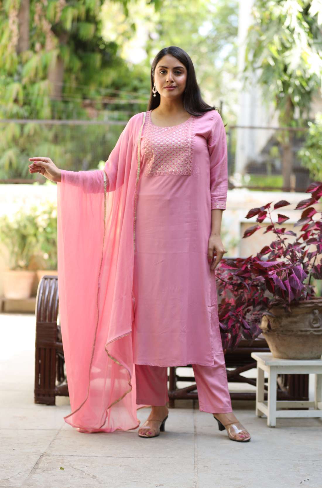 Light Pink Embroidered Rayon Kurta Set with Dupatta – Front View