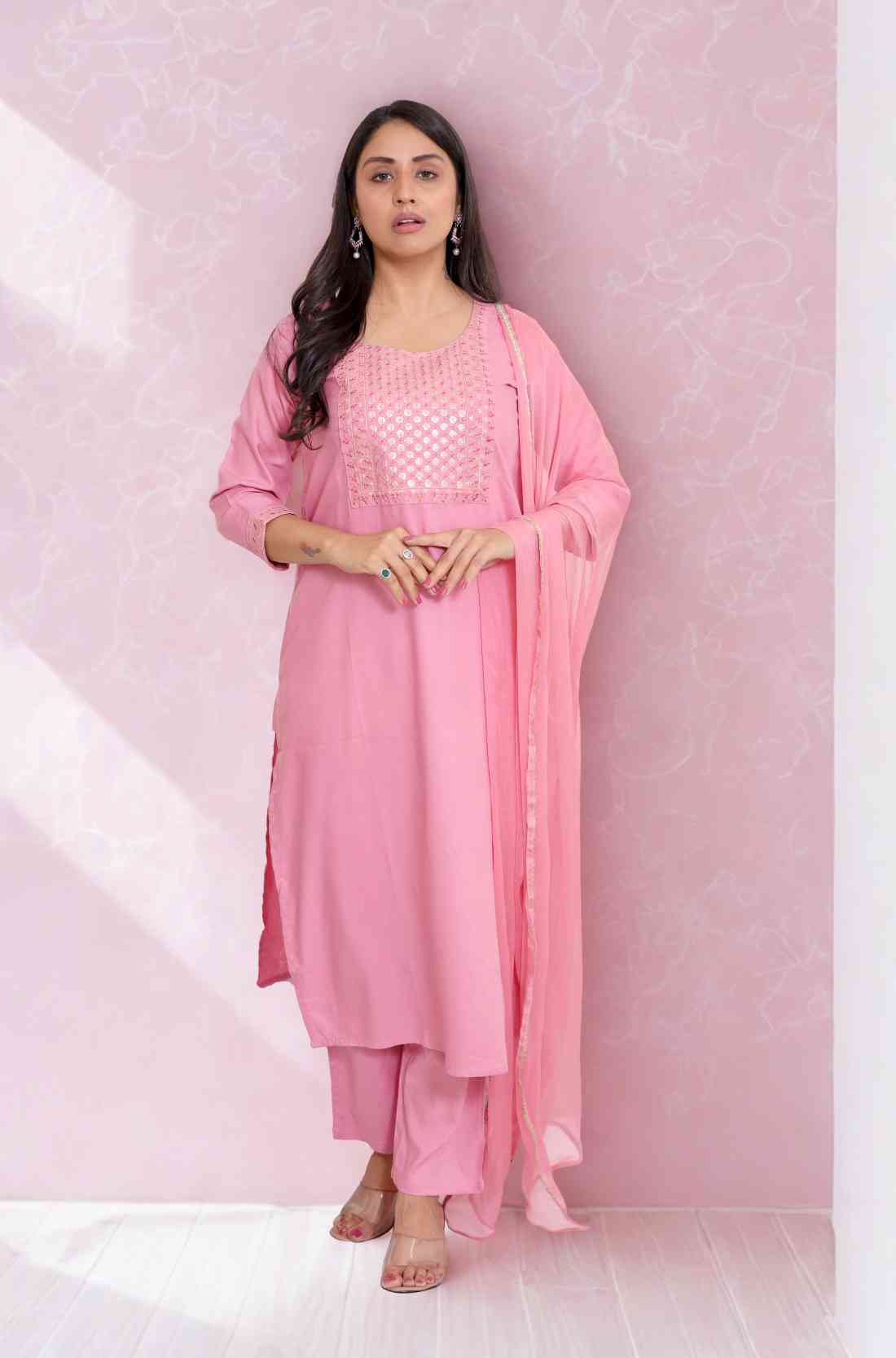 high-quality Light Pink Rayon Kurta Set – Full Length View