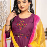 Close-up of a magenta pure cotton kurta featuring a round neckline and intricate multicolour geometric cross-stitch embroidery with mirror detailing, paired with an ombre chiffon dupatta.