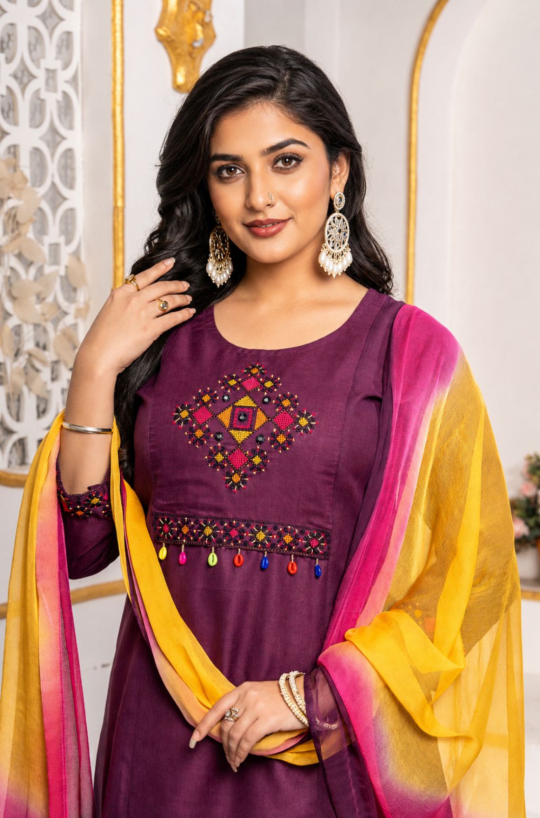 Close-up of a magenta pure cotton kurta featuring a round neckline and intricate multicolour geometric cross-stitch embroidery with mirror detailing, paired with an ombre chiffon dupatta.