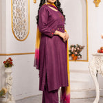 Side view of a magenta pure cotton kurta pant set with three-quarter sleeves, embroidered cuffs, straight-fit pants and a lightweight ombre tie-dye chiffon dupatta.