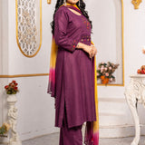 Side view of a magenta pure cotton kurta pant set with three-quarter sleeves, embroidered cuffs, straight-fit pants and a lightweight ombre tie-dye chiffon dupatta.