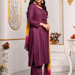 Side view of a magenta pure cotton kurta pant set with three-quarter sleeves, embroidered cuffs, straight-fit pants and a lightweight ombre tie-dye chiffon dupatta.