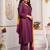 Side view of a magenta pure cotton kurta pant set with three-quarter sleeves, embroidered cuffs, straight-fit pants and a lightweight ombre tie-dye chiffon dupatta.