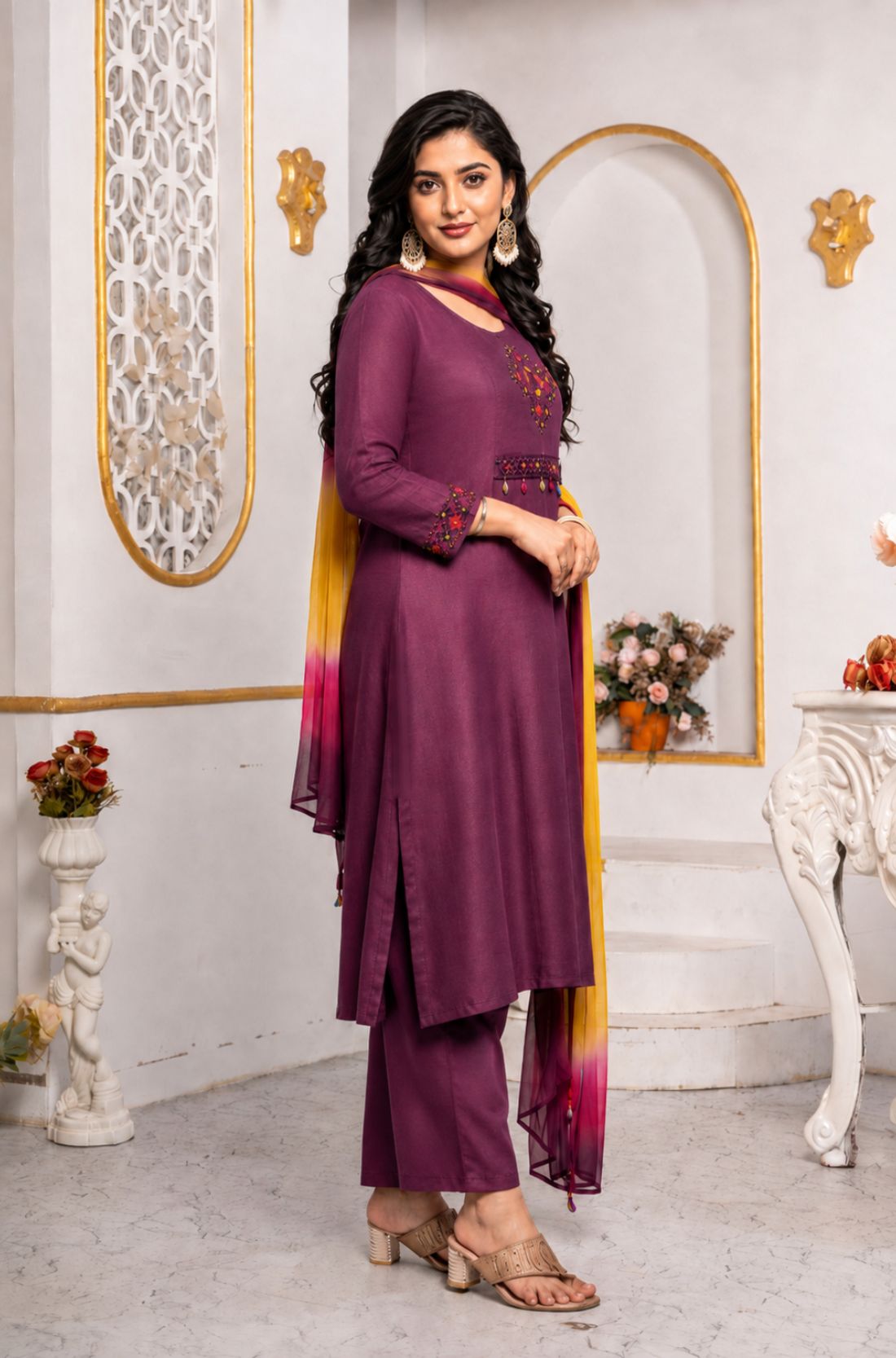 Side view of a magenta pure cotton kurta pant set with three-quarter sleeves, embroidered cuffs, straight-fit pants and a lightweight ombre tie-dye chiffon dupatta.