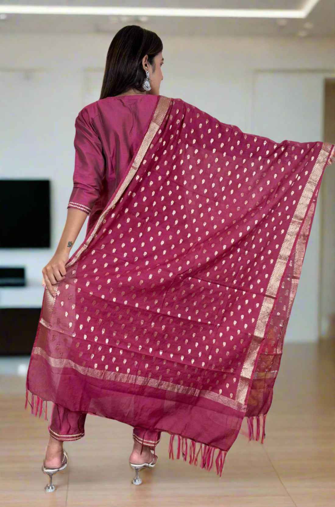 Back-side View – Magenta Silk Kurta Set 