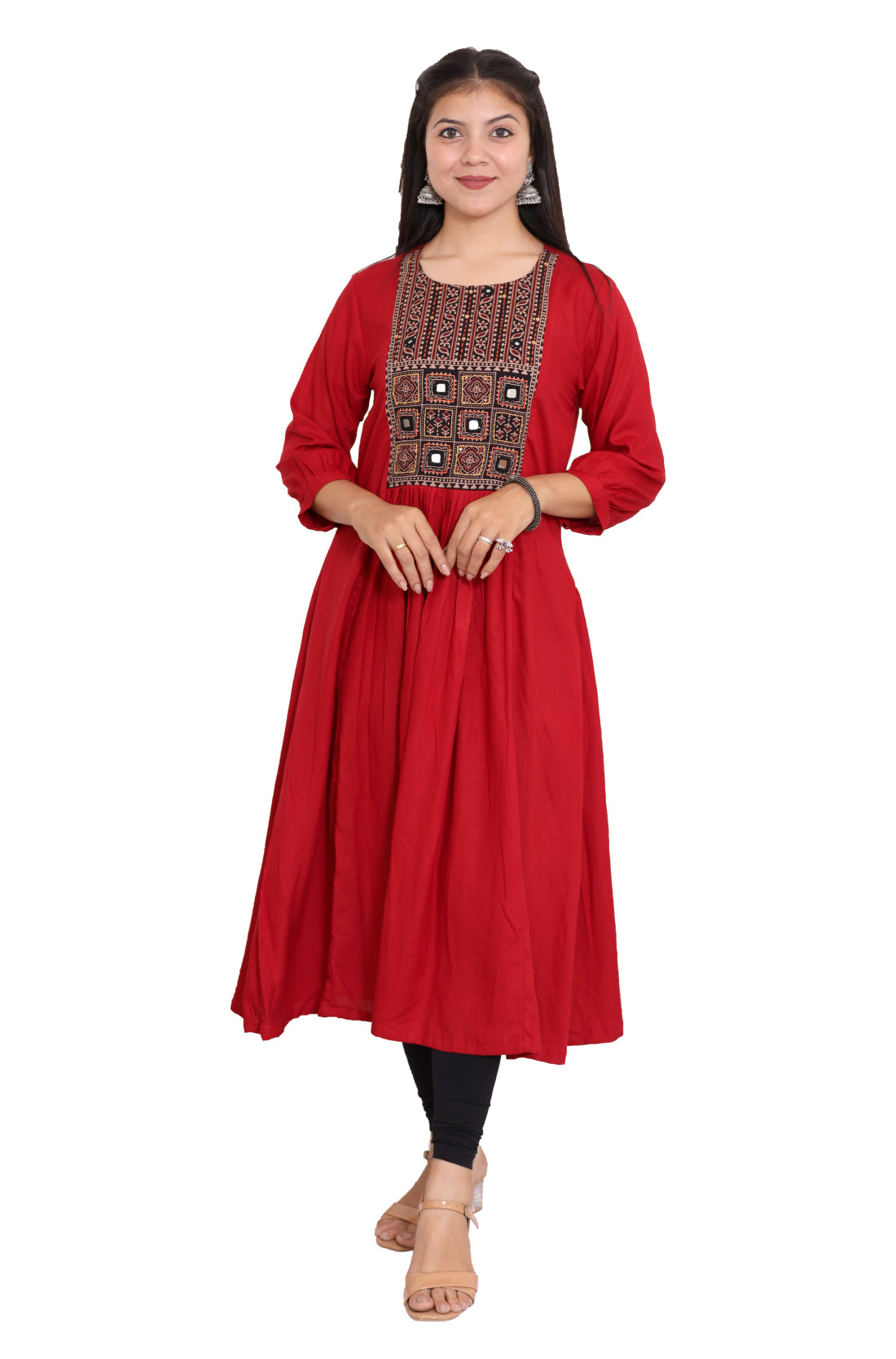 Maroon Hand Embroderied A line Rayon Kurta