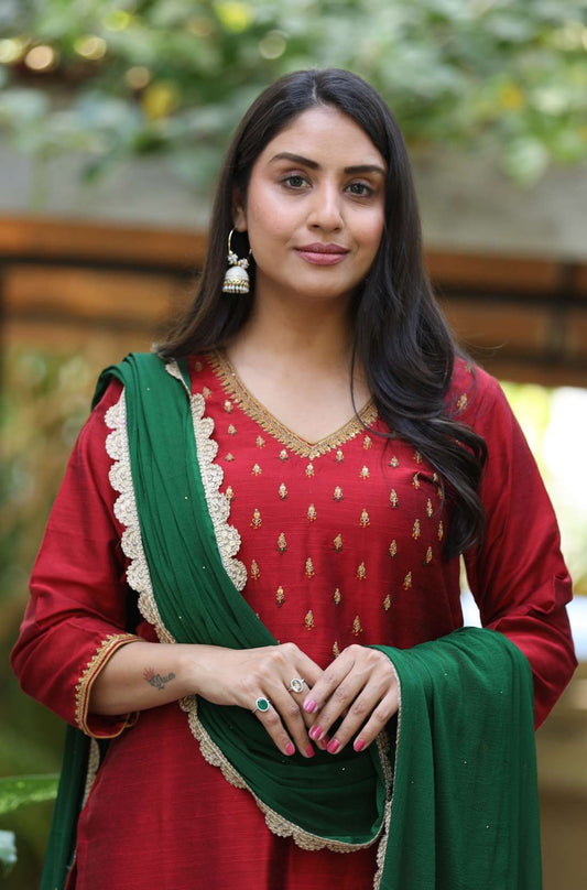 Maroon hand embroidered silk kurta Set with Dupatta