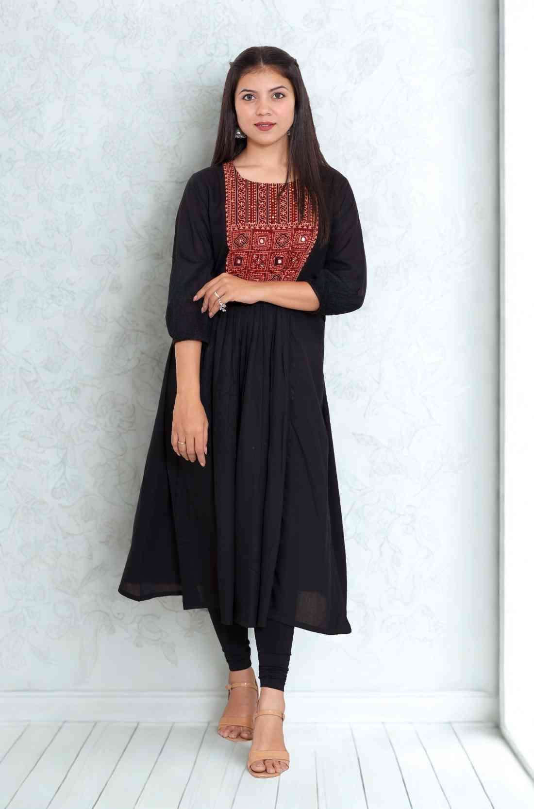 Front_pose_in_black_embroidered_A-line_kurta