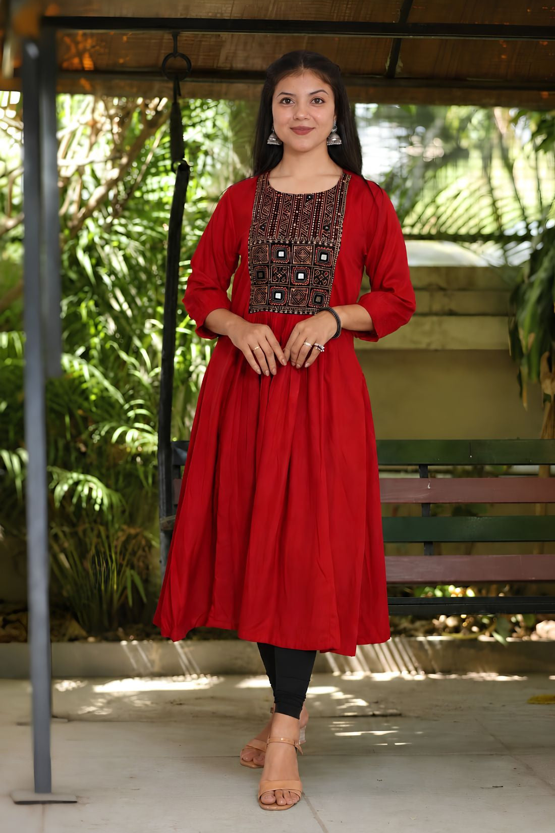 Front_pose_in_maroon_embroidered_A-line_kurta