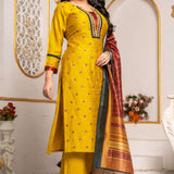 Full-length view of a mustard yellow Vichitra silk kurta set with embroidered kurta, straight-fit pants, three-quarter sleeves, mirror-work neckline, and contrasting printed Chanderi silk dupatta, styled for festive wear.