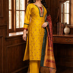Full-length view of a mustard yellow Vichitra silk kurta set with embroidered kurta, straight-fit pants, three-quarter sleeves, mirror-work neckline, and contrasting printed Chanderi silk dupatta, styled for festive wear.