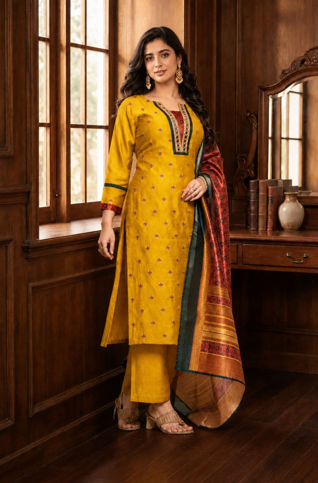Full-length view of a mustard yellow Vichitra silk kurta set with embroidered kurta, straight-fit pants, three-quarter sleeves, mirror-work neckline, and contrasting printed Chanderi silk dupatta, styled for festive wear.