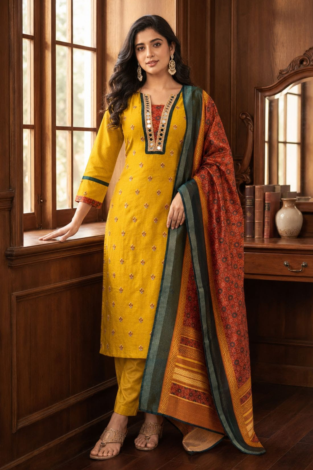 Model wearing a mustard yellow Vichitra silk kurta set featuring a mirror-work V-neckline, contrast Bandhani-print panel, sequin and thread embroidery, straight pants, and a printed Chanderi silk dupatta.