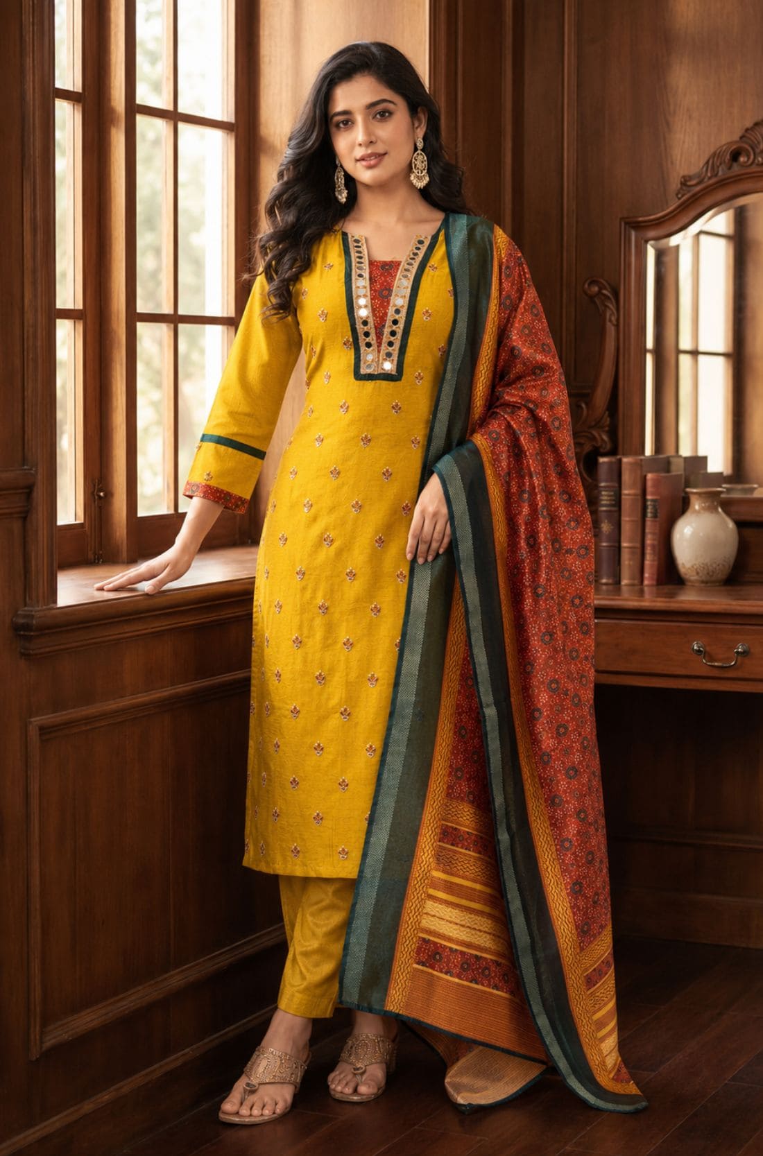Model wearing a mustard yellow Vichitra silk kurta set featuring a mirror-work V-neckline, contrast Bandhani-print panel, sequin and thread embroidery, straight pants, and a printed Chanderi silk dupatta.
