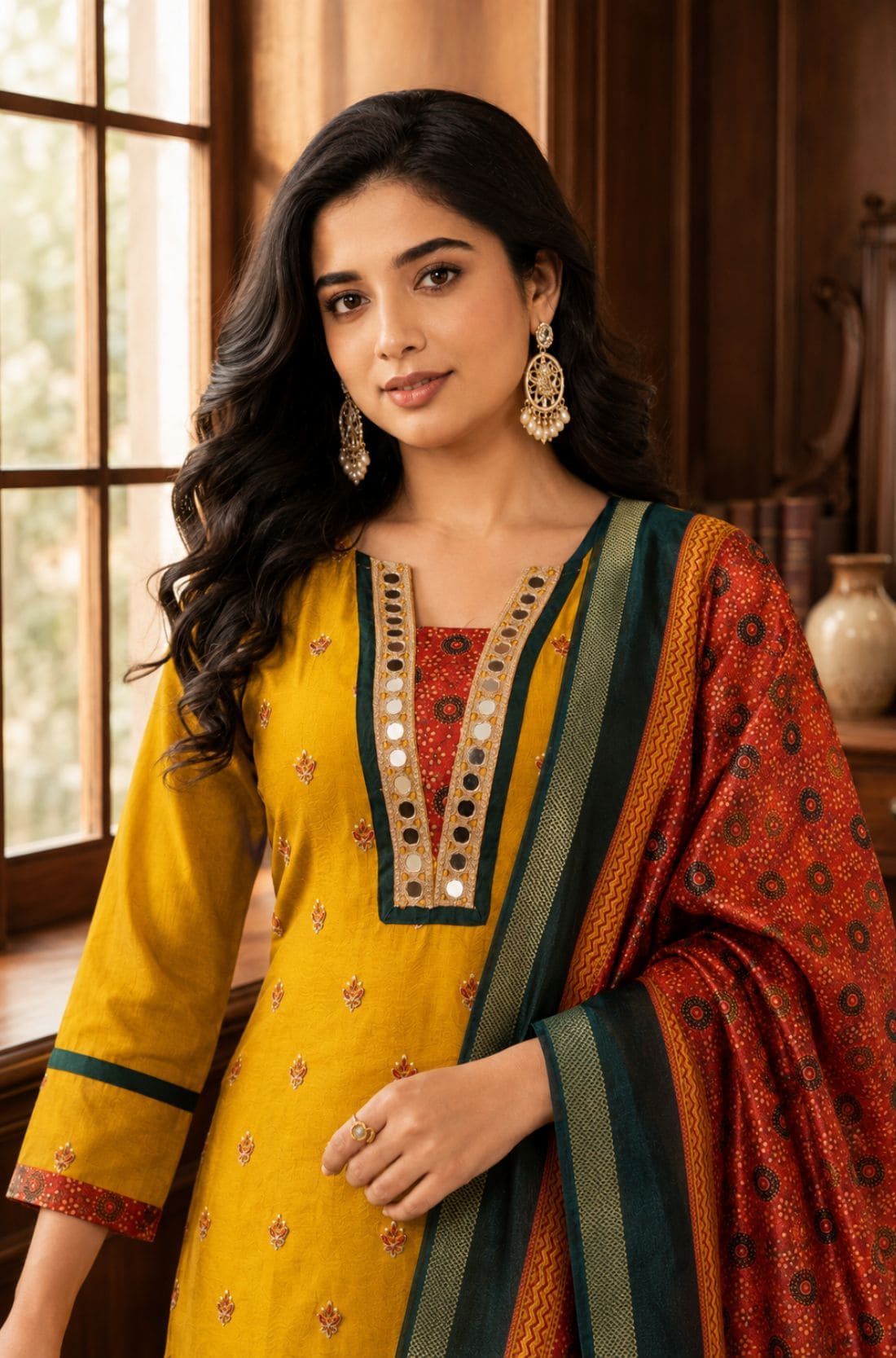 Close-up of a mustard yellow Vichitra silk kurta featuring a V-neckline with golden mirror work, contrast red Bandhani-print insert, delicate sequin and thread embroidery, and a printed Chanderi silk dupatta.
