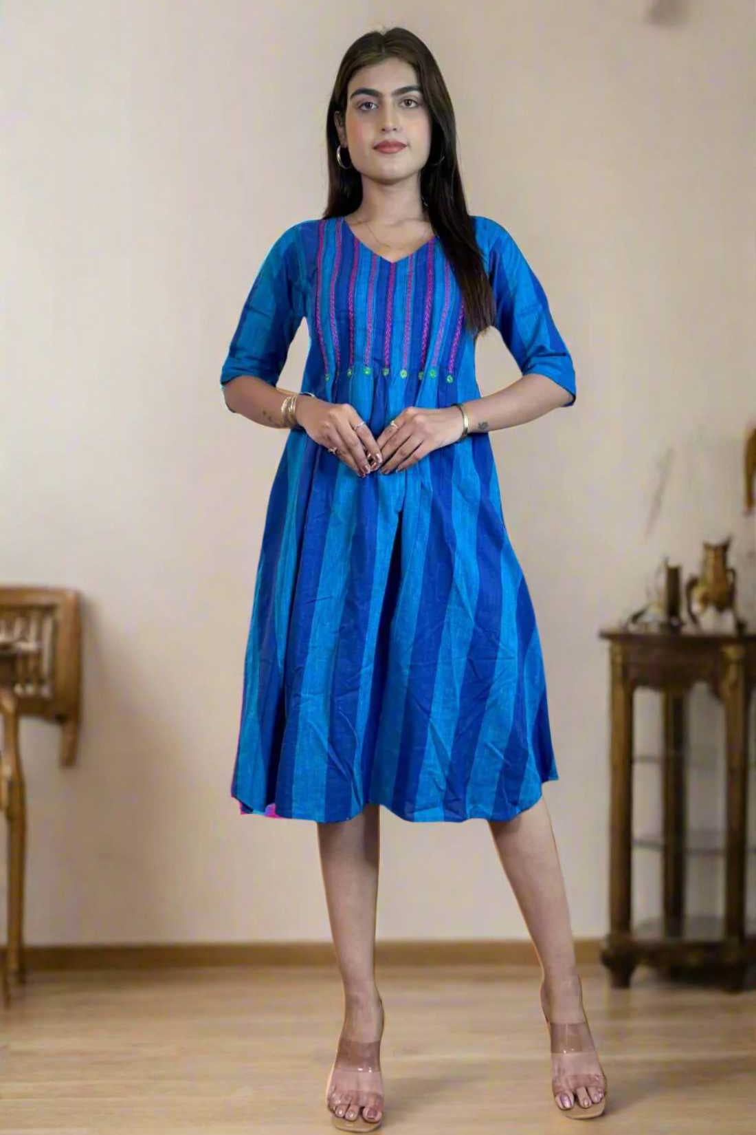 Blue tunic frock with Mirror Handwork – Full Front View
