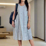 Grey White Stripes Frock – Full Length View With Bag