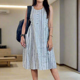 Grey White Stripes Frock – Full Length View With Bag