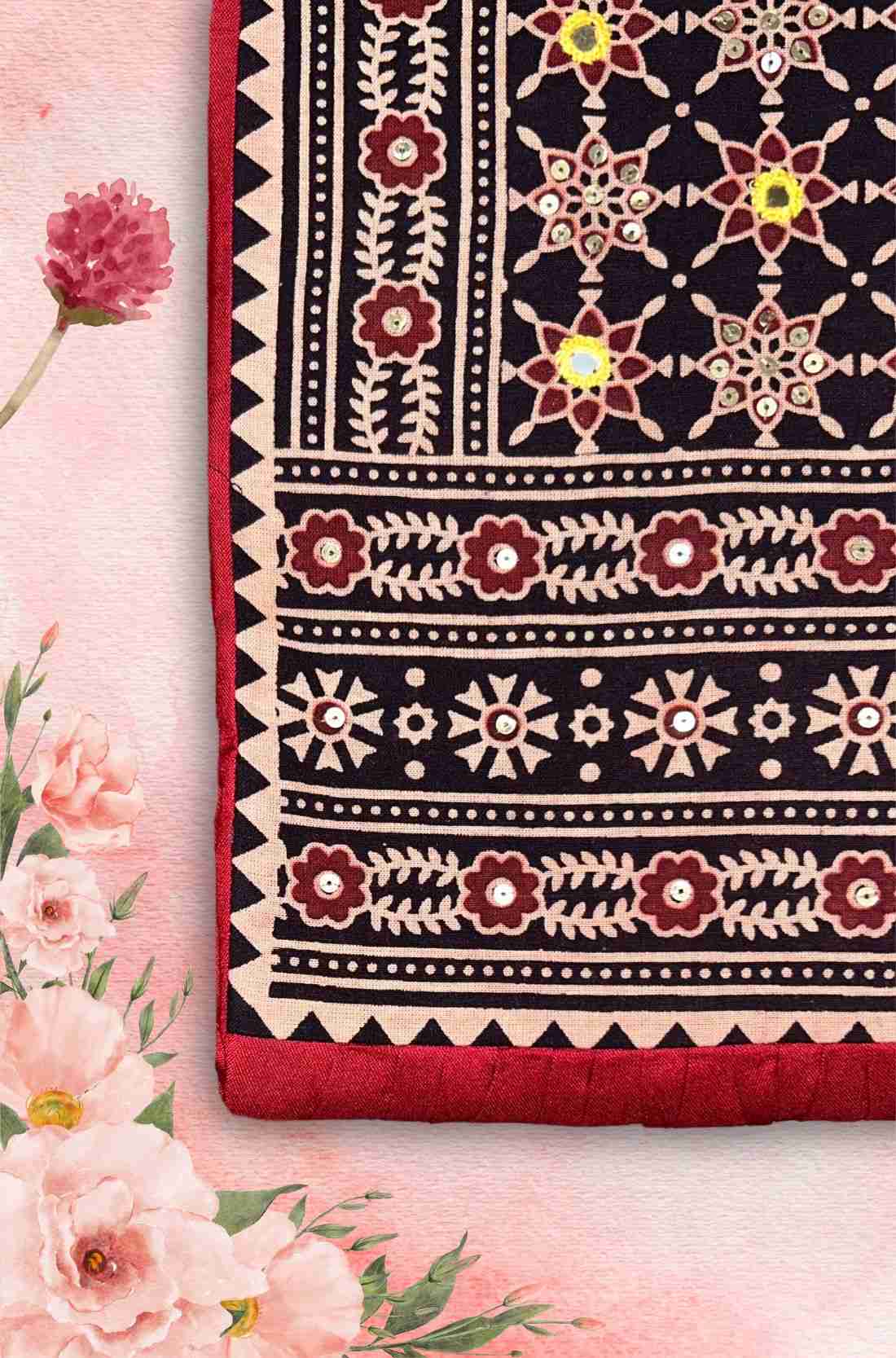Maroon Kurti Fabric – Block printed Embroidery Close-Up