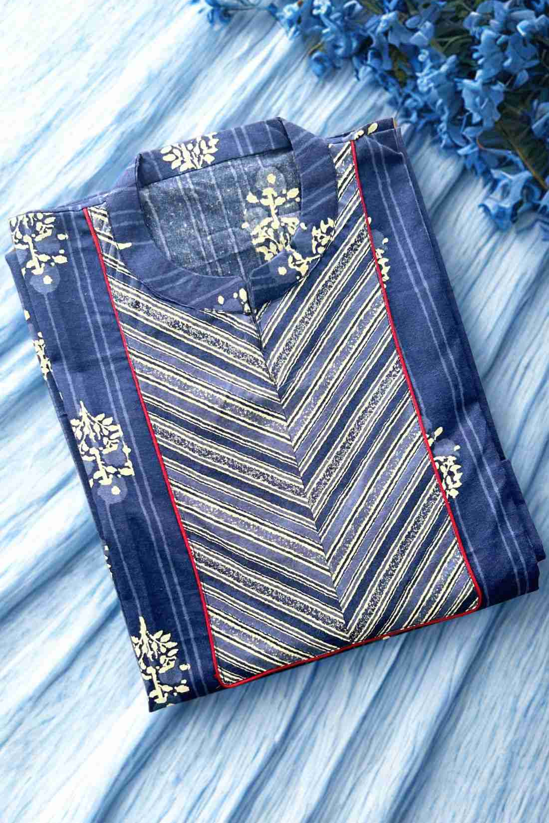 Indigo Block Printed Pure Cotton Kurta Material – Block Printed