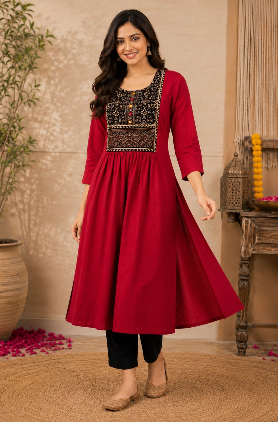 Woman wearing a maroon rayon A-line kurta with an embroidered yoke, showing the flare of the kurta