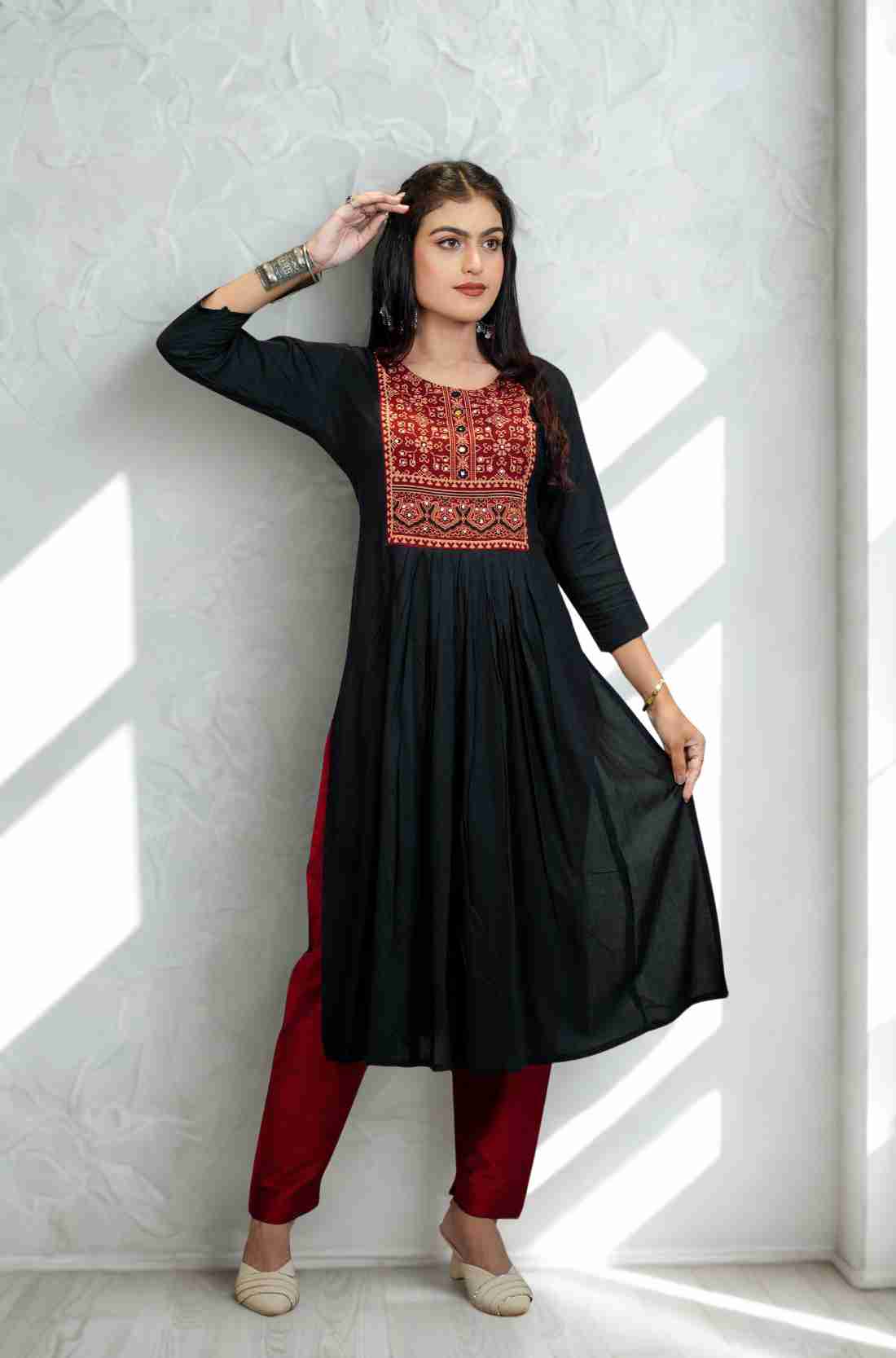 Black Rayon A-Line Kurta – Flared Hem View