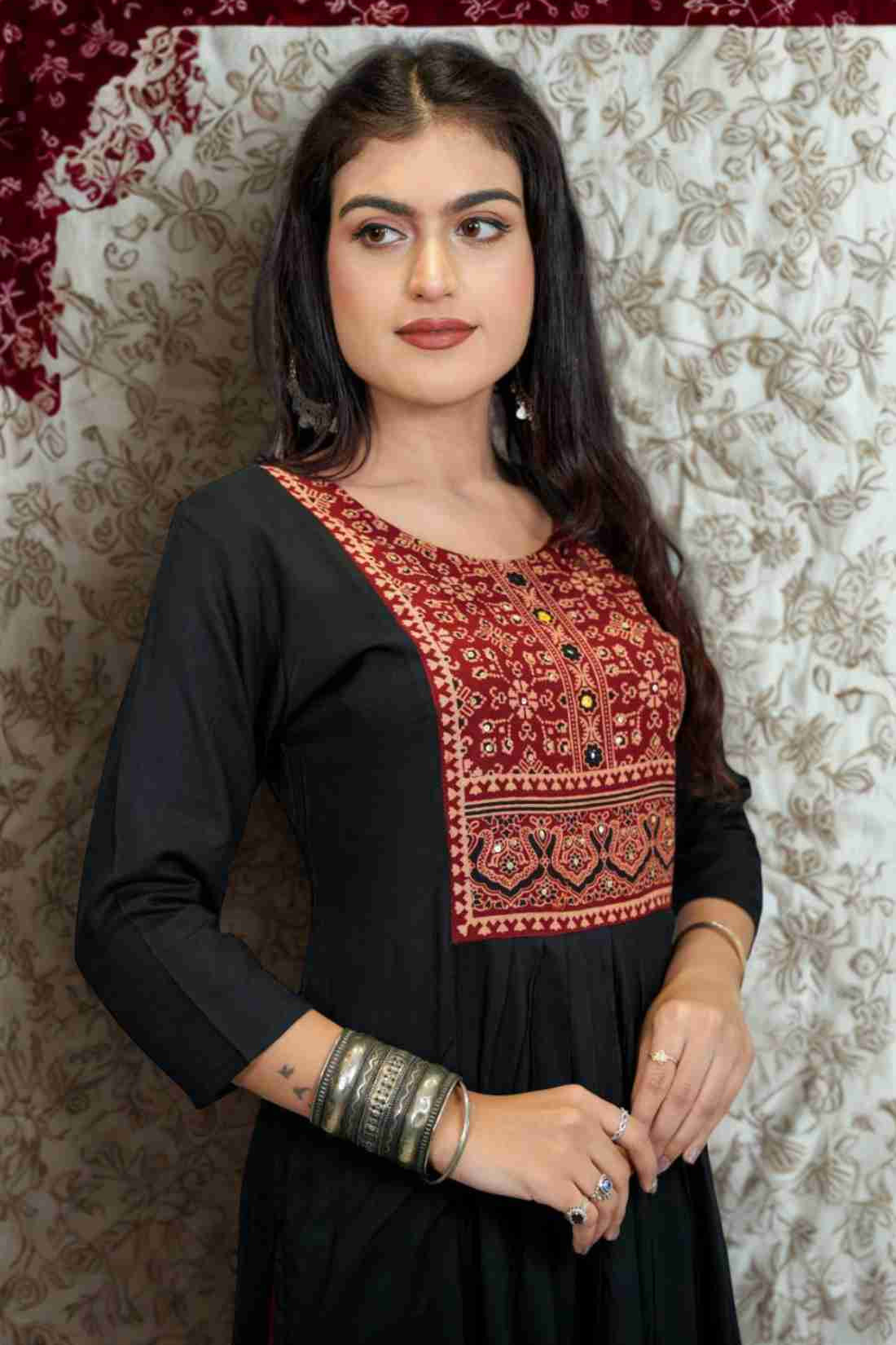 Black Rayon Hand Embroidered Block Printed Aline Kurta – Front View