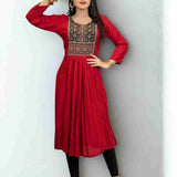 Maroon Rayon Hand Embroidered Block Printed Kurta – Front View