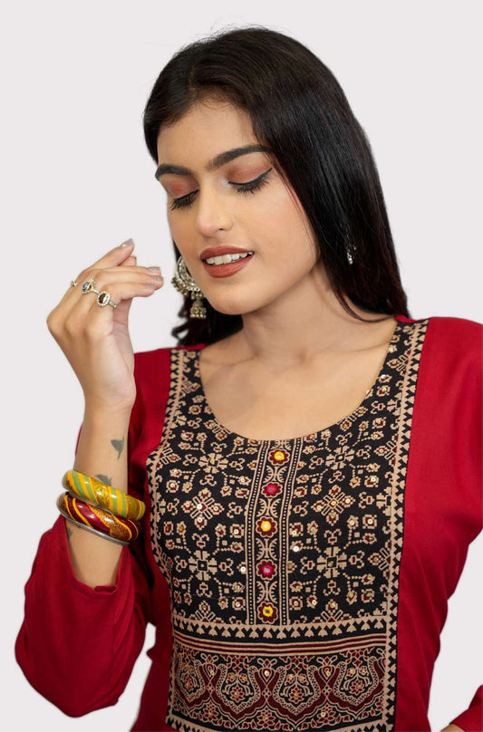 Rayon hand embroidered block printed Kurta