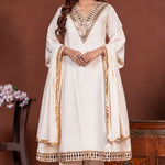 Off white mirror work Vatican Silk A-line 3 piece kurta set for women, full front view with chiffon dupatta