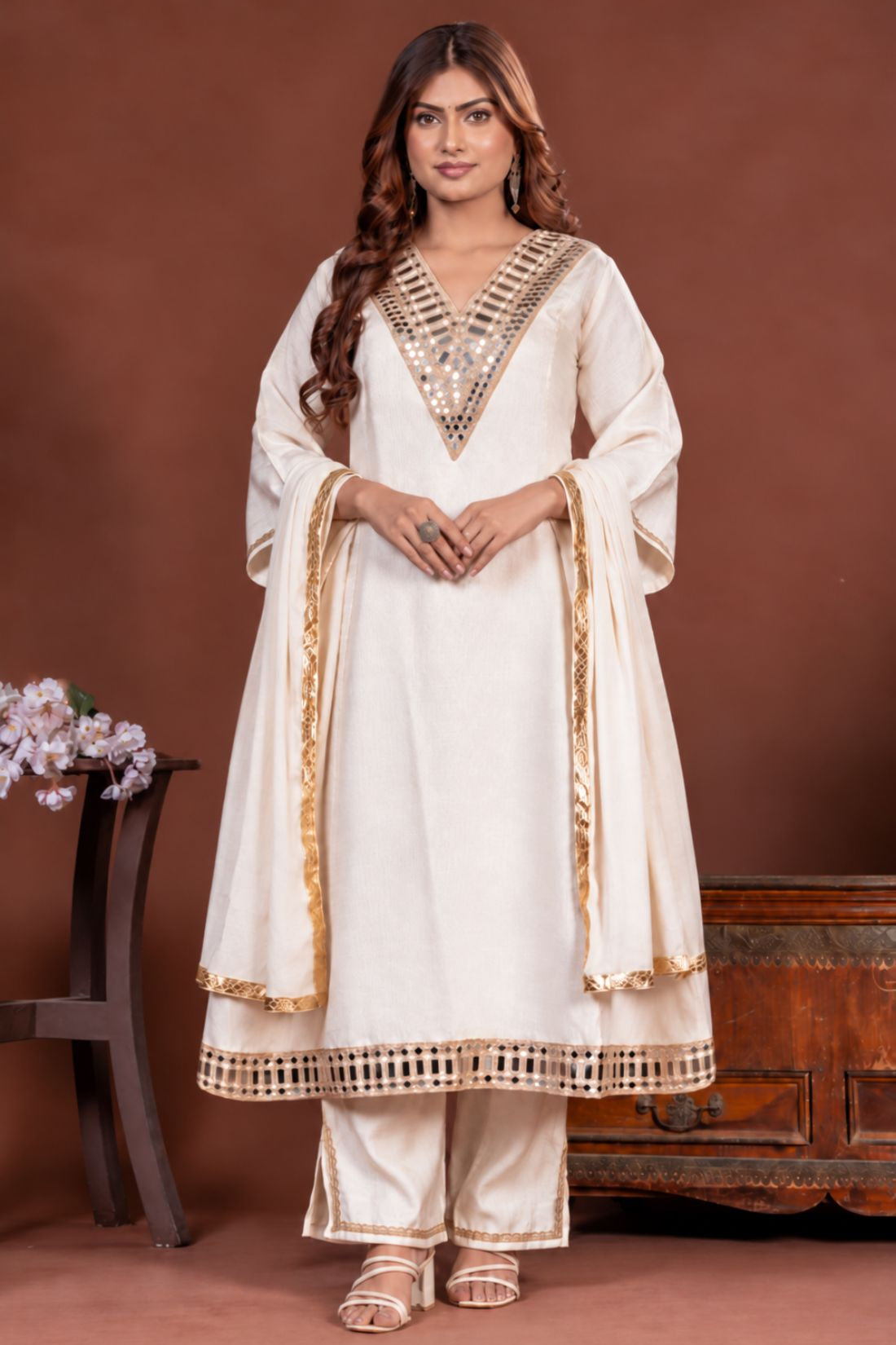 Off white mirror work Vatican Silk A-line 3 piece kurta set for women, full front view with chiffon dupatta