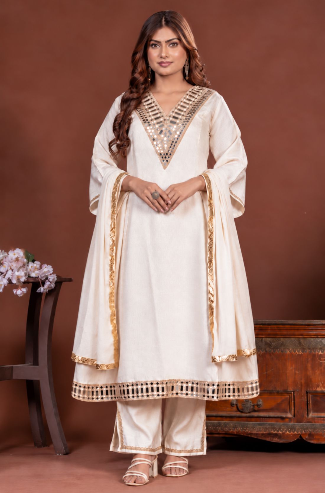 Off white mirror work Vatican Silk A-line 3 piece kurta set for women, full front view with chiffon dupatta