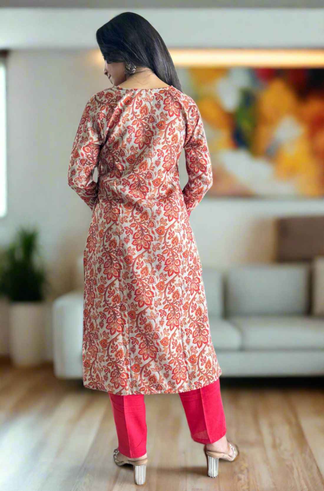Back view of red Pashmina-kurta set.