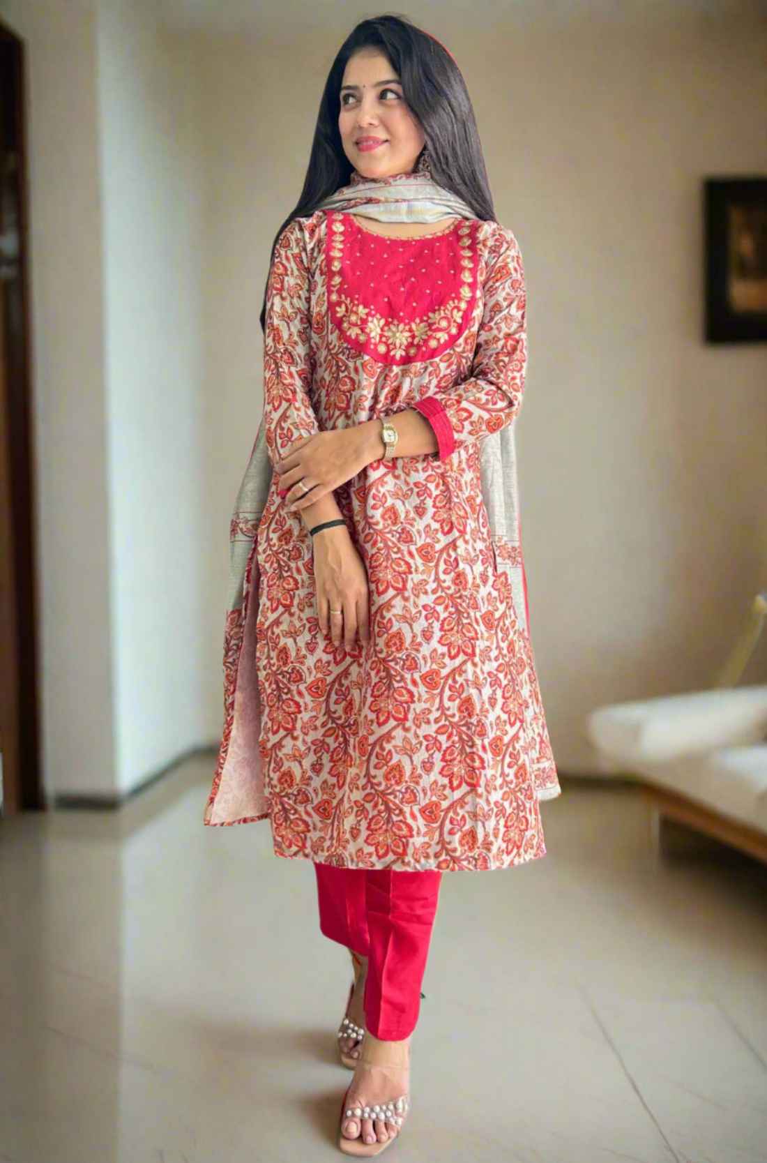 Front view of red Pashmina kurta set with dupatta.